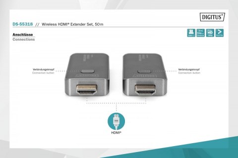 Przedłużacz/Extender HDMI bezprzewodowy 50m 1080p 60Hz FHD 5GHz, audio (zestaw) Digitus