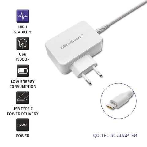 Zasilacz sieciowy 65W | 5-20.3V | 2-3.25A | USB typ C | PD | Biały Qoltec
