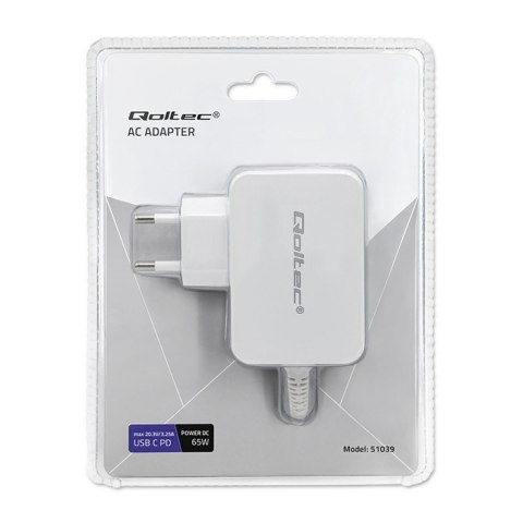 Zasilacz sieciowy 65W | 5-20.3V | 2-3.25A | USB typ C | PD | Biały Qoltec