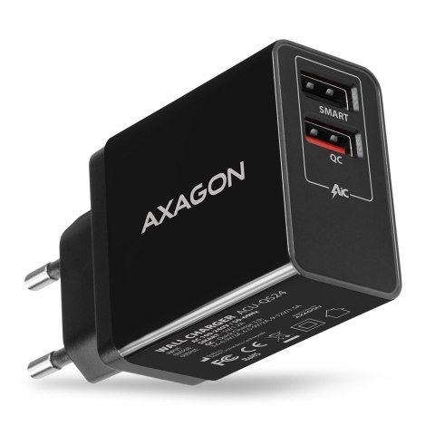 ACU-QS24 Ładowarka sieciowa QC 24W, 2x port USB--A, QC3.0/AFC/FCP + 5V/1.2A AXAGON ACU-QS24 Ładowarka sieciowa QC 24W, 2x port USB--A, QC3.0/AFC/FCP + 5V/1.2A AXAGON