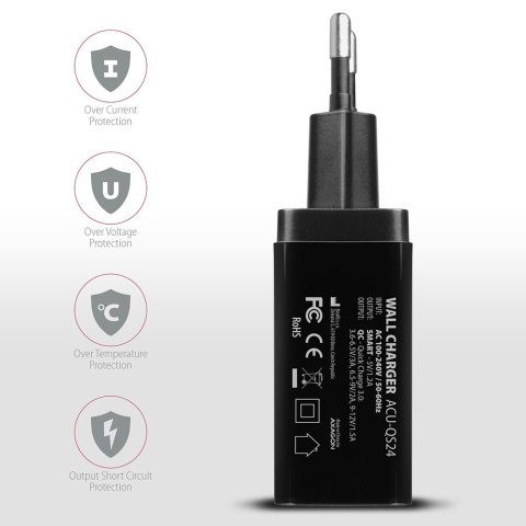 ACU-QS24 Ładowarka sieciowa QC 24W, 2x port USB--A, QC3.0/AFC/FCP + 5V/1.2A AXAGON ACU-QS24 Ładowarka sieciowa QC 24W, 2x port USB--A, QC3.0/AFC/FCP + 5V/1.2A AXAGON