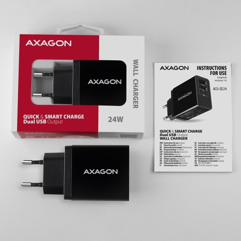 ACU-QS24 Ładowarka sieciowa QC 24W, 2x port USB--A, QC3.0/AFC/FCP + 5V/1.2A AXAGON ACU-QS24 Ładowarka sieciowa QC 24W, 2x port USB--A, QC3.0/AFC/FCP + 5V/1.2A AXAGON