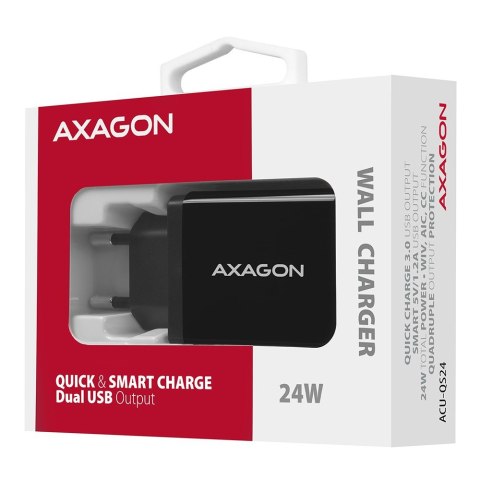 ACU-QS24 Ładowarka sieciowa QC 24W, 2x port USB--A, QC3.0/AFC/FCP + 5V/1.2A AXAGON ACU-QS24 Ładowarka sieciowa QC 24W, 2x port USB--A, QC3.0/AFC/FCP + 5V/1.2A AXAGON