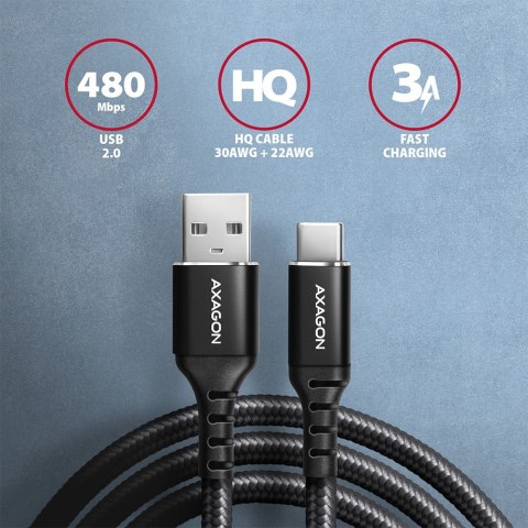 BUCM-AM10AB Kabel USB-C - USB-A, 1.0m USB 2.0, 3A, ALU, oplot Czarny AXAGON BUCM-AM10AB Kabel USB-C - USB-A, 1.0m USB 2.0, 3A, ALU, oplot Czarny AXAGON