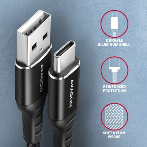 BUCM-AM15AB Kabel USB-C - USB-A, 1.5m, USB 2.0, 3A, ALU, oplot, Czarny AXAGON BUCM-AM15AB Kabel USB-C - USB-A, 1.5m, USB 2.0, 3A, ALU, oplot, Czarny AXAGON
