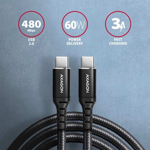 BUCM-CM10AB Kabel USB-C - USB-C 2.0, 1m, PD 60W, 3A, ALU, oplot Czarny AXAGON BUCM-CM10AB Kabel USB-C - USB-C 2.0, 1m, PD 60W, 3A, ALU, oplot Czarny AXAGON