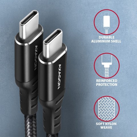 BUCM-CM20AB Kabel USB-C - USB-C 2.0, 2m, PD 60W, 3A, ALU, oplot Czarny AXAGON BUCM-CM20AB Kabel USB-C - USB-C 2.0, 2m, PD 60W, 3A, ALU, oplot Czarny AXAGON