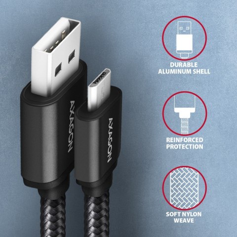 BUMM-AM20AB Kabel MicroUSB - USB A, 2m, USB 2.0, 2.4A, ALU, oplot Czarny AXAGON BUMM-AM20AB Kabel MicroUSB - USB A, 2m, USB 2.0, 2.4A, ALU, oplot Czarny AXAGON