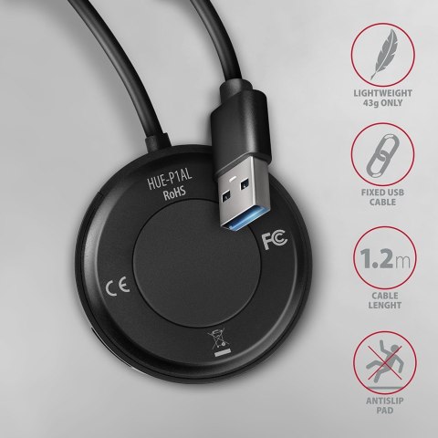 HUE-P1AL Hub 4-portowy USB 3.2 Gen 1 ROUND, micro USB, 1.2m USB-A kabel AXAGON HUE-P1AL Hub 4-portowy USB 3.2 Gen 1 ROUND, micro USB, 1.2m USB-A kabel AXAGON