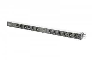 Listwa zasilająca PDU 19" RACK, 12x gniazdo Schuko, 2x 2m wtyk Unischuko, 16A, zabezpieczenie przeciążeniowe, profil aluminiowy Digitus