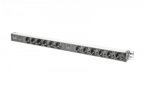 Listwa zasilająca PDU 19" RACK, 12x gniazdo Schuko, 2x 2m wtyk Unischuko, 16A, zabezpieczenie przeciążeniowe, profil aluminiowy Digitus