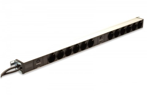 Listwa zasilająca PDU 19" RACK, 12x gniazdo Schuko, 2x 2m wtyk Unischuko, 16A, zabezpieczenie przeciążeniowe, profil aluminiowy Digitus