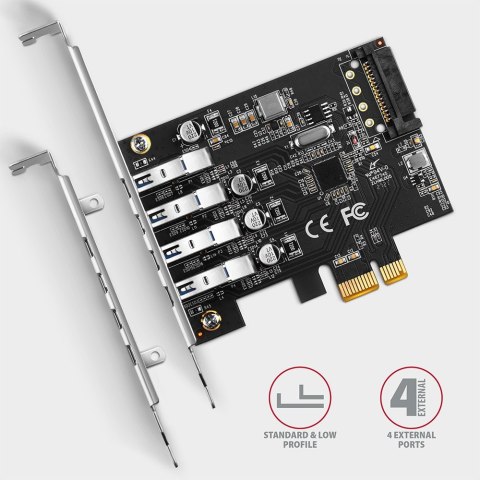 PCEU-43RS Kontroler PCIe 4x port USB 3.2 GEN 1, UASP, chipset Renesas, 15-pin SATA zasilacz, dual power AXAGON PCEU-43RS Kontroler PCIe 4x port USB 3.2 GEN 1, UASP, chipset Renesas, 15-pin SATA zasilacz, dual power AXAGON