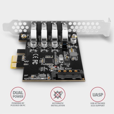 PCEU-43RS Kontroler PCIe 4x port USB 3.2 GEN 1, UASP, chipset Renesas, 15-pin SATA zasilacz, dual power AXAGON PCEU-43RS Kontroler PCIe 4x port USB 3.2 GEN 1, UASP, chipset Renesas, 15-pin SATA zasilacz, dual power AXAGON