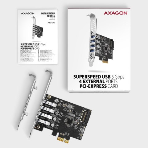 PCEU-43RS Kontroler PCIe 4x port USB 3.2 GEN 1, UASP, chipset Renesas, 15-pin SATA zasilacz, dual power AXAGON PCEU-43RS Kontroler PCIe 4x port USB 3.2 GEN 1, UASP, chipset Renesas, 15-pin SATA zasilacz, dual power AXAGON