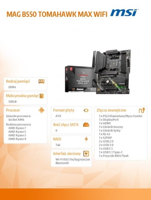 Płyta główna MAG B550 TOMAHAWK MAX WIFI AM4 4DDR4 HDMI/DP 2M.2 ATX MSI