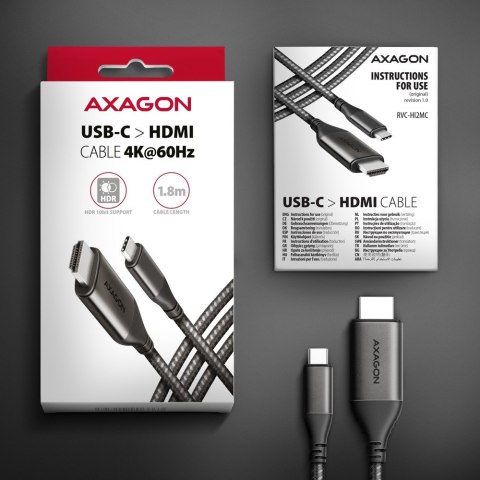 RVC-HI2MC Adapter aktywny USB-C -> HDMI 2.0 4K/60Hz Aluminum, 1.8m kabel AXAGON RVC-HI2MC Adapter aktywny USB-C -> HDMI 2.0 4K/60Hz Aluminum, 1.8m kabel AXAGON
