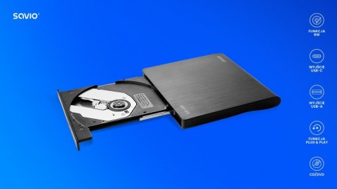 Zewnętrzna nagrywarka typu Slim CD/DVD R/RW, USB-C/USB-A, AK-59 Savio
