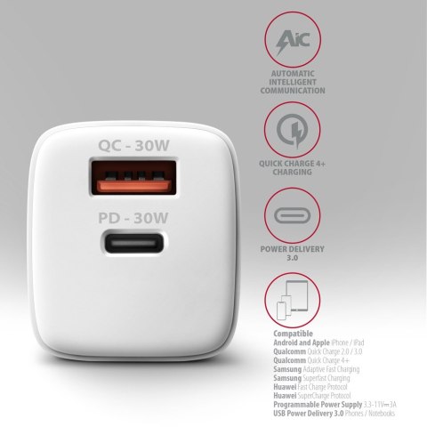 ACU-PQ30W Ładowarka sieciowa PD & QC 30W, QC3.0,4.0/AFC/FCP/PPS/Apple Biała AXAGON ACU-PQ30W Ładowarka sieciowa PD & QC 30W, QC3.0,4.0/AFC/FCP/PPS/Apple Biała AXAGON