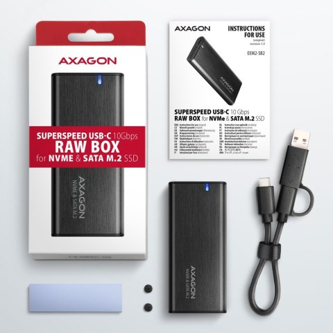 EEM2-SB2 Obudowa zewnętrzna aluminiowa bezśrubowa USB-C 3.2 Gen 2 - M.2 NVMe / SATA SSD 30-80mm ALU pudełko czarne + USB-A - USB AXAGON EEM2-SB2 Obudowa zewnętrzna aluminiowa bezśrubowa USB-C 3.2 Gen 2 - M.2 NVMe / SATA SSD 30-80mm ALU pudełko czarne + USB-A - USB AXAGON