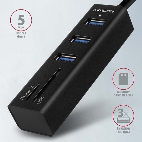 HMA-CR3A Wieloportowy hub 3x USB-A + SD/microSD, USB3.2 Gen 1 hub, metalowy, 20cm USB-A kabel AXAGON HMA-CR3A Wieloportowy hub 3x USB-A + SD/microSD, USB3.2 Gen 1 hub, metalowy, 20cm USB-A kabel AXAGON