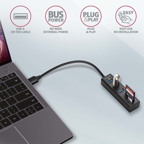 HMA-CR3A Wieloportowy hub 3x USB-A + SD/microSD, USB3.2 Gen 1 hub, metalowy, 20cm USB-A kabel AXAGON HMA-CR3A Wieloportowy hub 3x USB-A + SD/microSD, USB3.2 Gen 1 hub, metalowy, 20cm USB-A kabel AXAGON