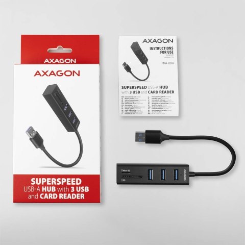 HMA-CR3A Wieloportowy hub 3x USB-A + SD/microSD, USB3.2 Gen 1 hub, metalowy, 20cm USB-A kabel AXAGON HMA-CR3A Wieloportowy hub 3x USB-A + SD/microSD, USB3.2 Gen 1 hub, metalowy, 20cm USB-A kabel AXAGON