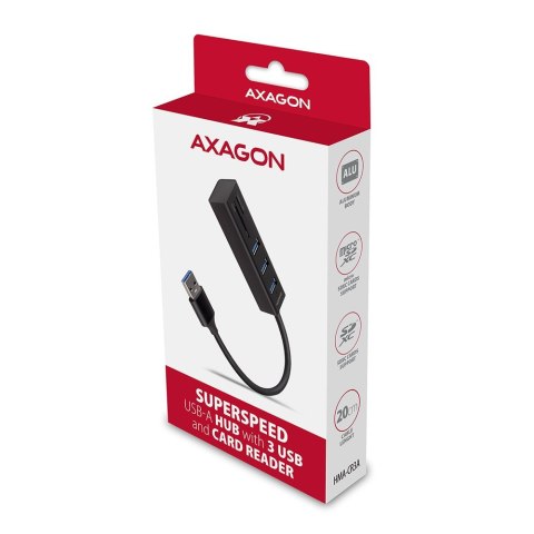 HMA-CR3A Wieloportowy hub 3x USB-A + SD/microSD, USB3.2 Gen 1 hub, metalowy, 20cm USB-A kabel AXAGON HMA-CR3A Wieloportowy hub 3x USB-A + SD/microSD, USB3.2 Gen 1 hub, metalowy, 20cm USB-A kabel AXAGON