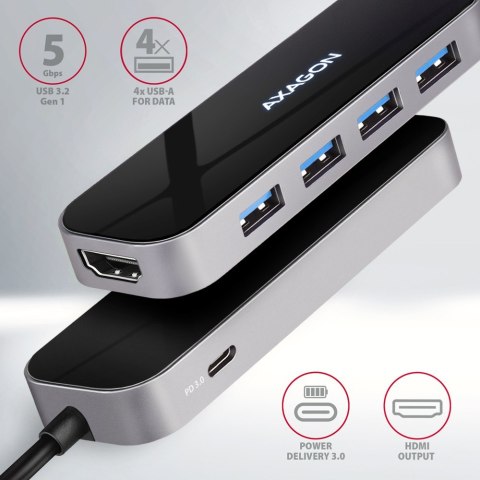 HMC-6H4A Wieloportowy hub 4x USB-A + HDMI, USB-C 3.2 Gen 1, PD 100W, 20cm USB-C kabel AXAGON HMC-6H4A Wieloportowy hub 4x USB-A + HDMI, USB-C 3.2 Gen 1, PD 100W, 20cm USB-C kabel AXAGON