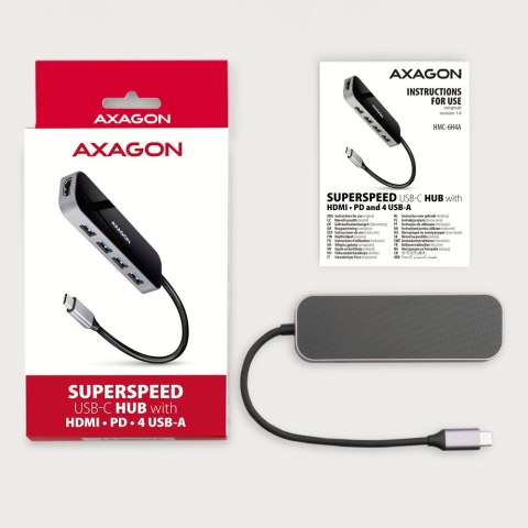 HMC-6H4A Wieloportowy hub 4x USB-A + HDMI, USB-C 3.2 Gen 1, PD 100W, 20cm USB-C kabel AXAGON HMC-6H4A Wieloportowy hub 4x USB-A + HDMI, USB-C 3.2 Gen 1, PD 100W, 20cm USB-C kabel AXAGON