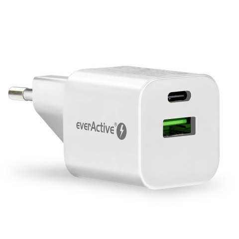 Ładowarka USB/USB-C QC3.0 30W technologia GaN Biała EverActive Ładowarka USB/USB-C QC3.0 30W technologia GaN Biała EverActive