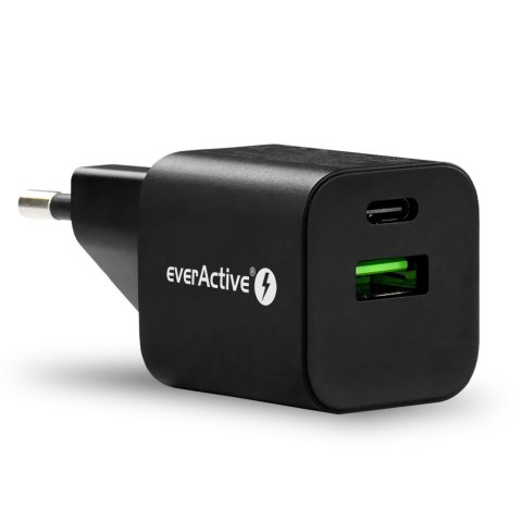 Ładowarka USB/USB-C QC3.0 30W technologia GaN Czarna EverActive Ładowarka USB/USB-C QC3.0 30W technologia GaN Czarna EverActive