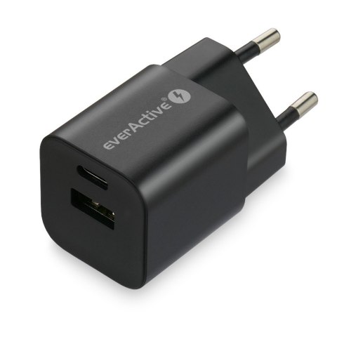 Ładowarka USB/USB-C QC3.0 30W technologia GaN Czarna EverActive Ładowarka USB/USB-C QC3.0 30W technologia GaN Czarna EverActive
