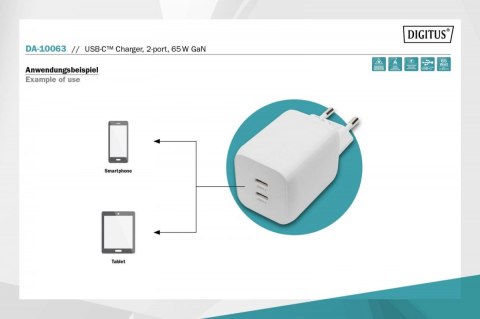 Ładowarka sieciowa, zasilacz GaN 2x USB-C PD 3.0 max. 65W, biała Digitus