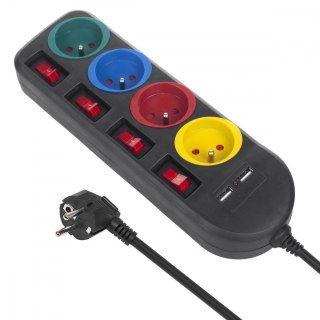Listwa zasilająca z wyłącznikami 4 gniazda + 2xUSB przedłużacz MCE229B Czarna Maclean