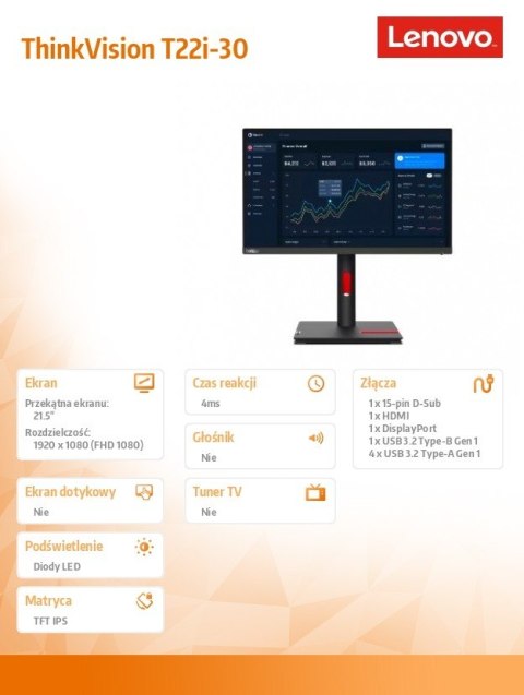 Monitor 21.5 cala ThinkVision T22i-30 WLED LCD 63B0MAT6EU Lenovo