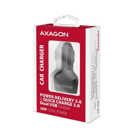 PWC-PQ38 Ładowarka samochodowa PD & QUICK 38W, 2x port (USB-A + USB-C), PD3.0/QC3.0/AFC/FCP/Apple AXAGON PWC-PQ38 Ładowarka samochodowa PD & QUICK 38W, 2x port (USB-A + USB-C), PD3.0/QC3.0/AFC/FCP/Apple AXAGON