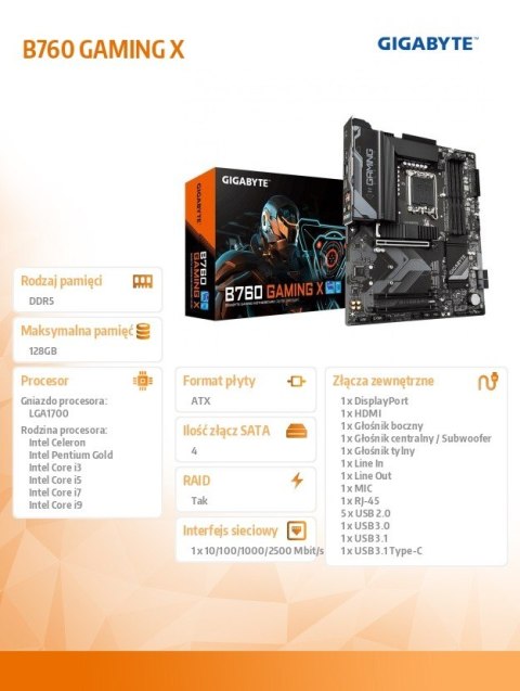 Płyta główna B760 GAMING X s1700 4DDR5 DP/HDMI ATX Gigabyte Płyta główna B760 GAMING X s1700 4DDR5 DP/HDMI ATX Gigabyte