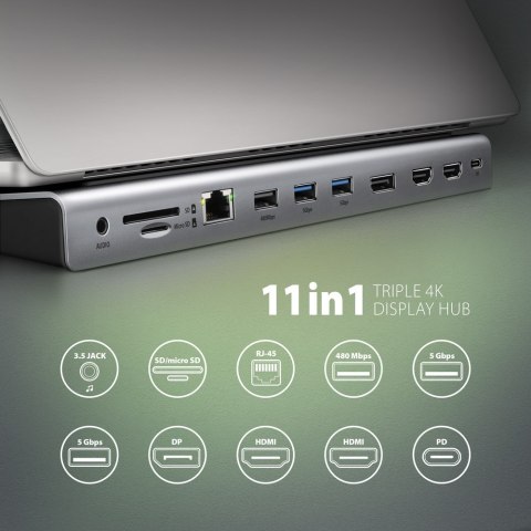 HMC-4KX3 Wieloportowy hub USB 11in1, 5Gbps, 3x USB-A, 2x HDMI 4K/60Hz+ DP 4K/60Hz+ GLAN + SD/microSD + audio, PD 100W, 40cm USB- AXAGON HMC-4KX3 Wieloportowy hub USB 11in1, 5Gbps, 3x USB-A, 2x HDMI 4K/60Hz+ DP 4K/60Hz+ GLAN + SD/microSD + audio, PD 100W, 40cm USB- AXAGON