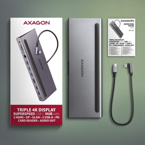 HMC-4KX3 Wieloportowy hub USB 11in1, 5Gbps, 3x USB-A, 2x HDMI 4K/60Hz+ DP 4K/60Hz+ GLAN + SD/microSD + audio, PD 100W, 40cm USB- AXAGON HMC-4KX3 Wieloportowy hub USB 11in1, 5Gbps, 3x USB-A, 2x HDMI 4K/60Hz+ DP 4K/60Hz+ GLAN + SD/microSD + audio, PD 100W, 40cm USB- AXAGON