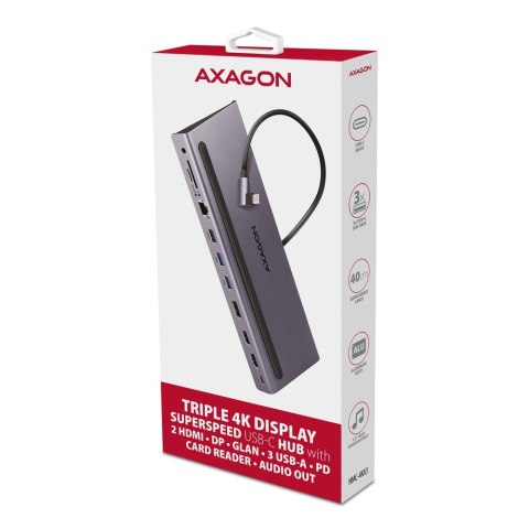 HMC-4KX3 Wieloportowy hub USB 11in1, 5Gbps, 3x USB-A, 2x HDMI 4K/60Hz+ DP 4K/60Hz+ GLAN + SD/microSD + audio, PD 100W, 40cm USB- AXAGON HMC-4KX3 Wieloportowy hub USB 11in1, 5Gbps, 3x USB-A, 2x HDMI 4K/60Hz+ DP 4K/60Hz+ GLAN + SD/microSD + audio, PD 100W, 40cm USB- AXAGON