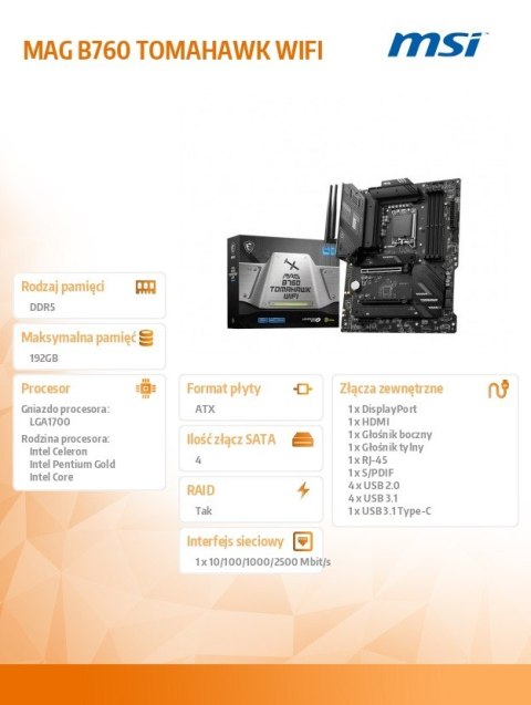 Płyta główna MAG B760 TOMAHAWK WIFI s1700 4DDR5 DP/HDMI ATX MSI