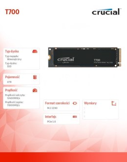 Dysk SSD T700 4TB M.2 NVMe 2280 PCIe 5.0 12400/11800 Crucial