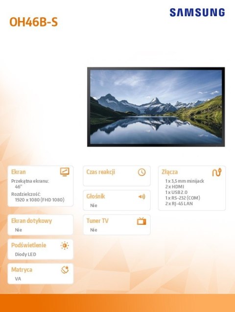 Monitor profesjonalny OH46B-S 46 cali Błyszczący 24h/7 3500(cd/m2) 3840x2160 (UHD) S7 Player (Tizen 6.5) 3 lata On-Site (LH46OHB Samsung Monitor profesjonalny OH46B-S 46 cali Błyszczący 24h/7 3500(cd/m2) 3840x2160 (UHD) S7 Player (Tizen 6.5) 3 lata On-Site (LH46OHB Samsung