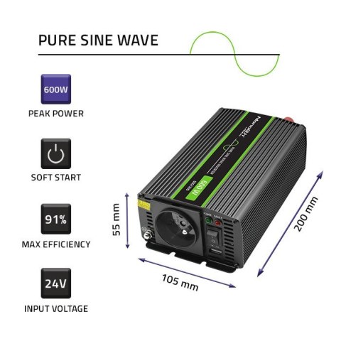 Przetwornica napięcia Monolith | 300W | 600W | 24V na 230V | Czysty Sinus Qoltec Przetwornica napięcia Monolith | 300W | 600W | 24V na 230V | Czysty Sinus Qoltec