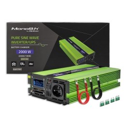 Przetwornica napięcia Monolith | ładowanie baterii | UPS | 1000W | 2000W | 12V na 230V | Czysty Sinus | LCD Qoltec