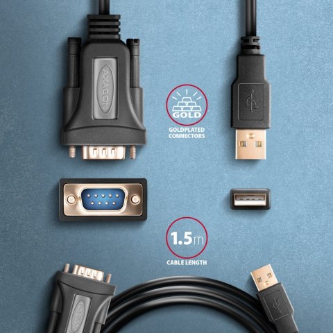 ADS-1PQN Adapter USB 2.0 > RS-232 Port szeregowy, 1,5m kabel, chip FTDI AXAGON ADS-1PQN Adapter USB 2.0 > RS-232 Port szeregowy, 1,5m kabel, chip FTDI AXAGON