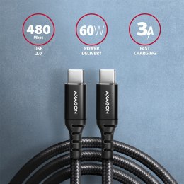 BUCM-CM15AB Kabel USB-C - USB-C 2.0, 1.5m, PD 60W, 3A, ALU, oplot Czarny AXAGON