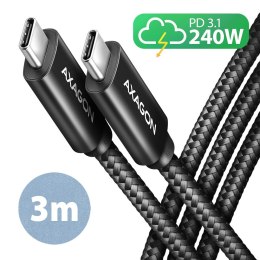 BUCM2-CM30AB Kabel USB-C - USB-C, 3.0m 5A charging, ALU, 240W PD, oplot, USB2.0, czarny AXAGON