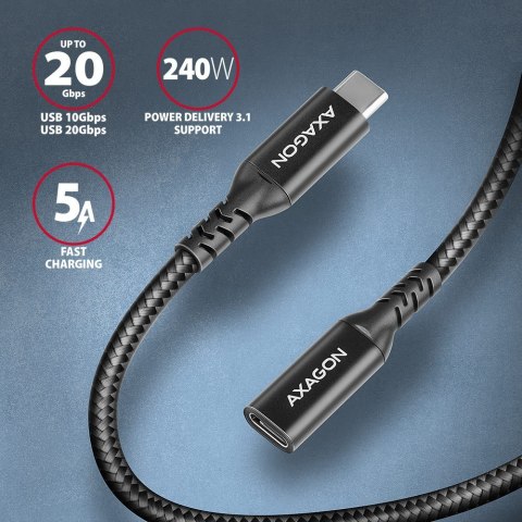 BUCM32-CF15AB Kabel przedłużacz Gen2 USB-C - USB-C 1.5m, 5A, 20Gbps, PD 240W, oplot, czarny AXAGON BUCM32-CF15AB Kabel przedłużacz Gen2 USB-C - USB-C 1.5m, 5A, 20Gbps, PD 240W, oplot, czarny AXAGON